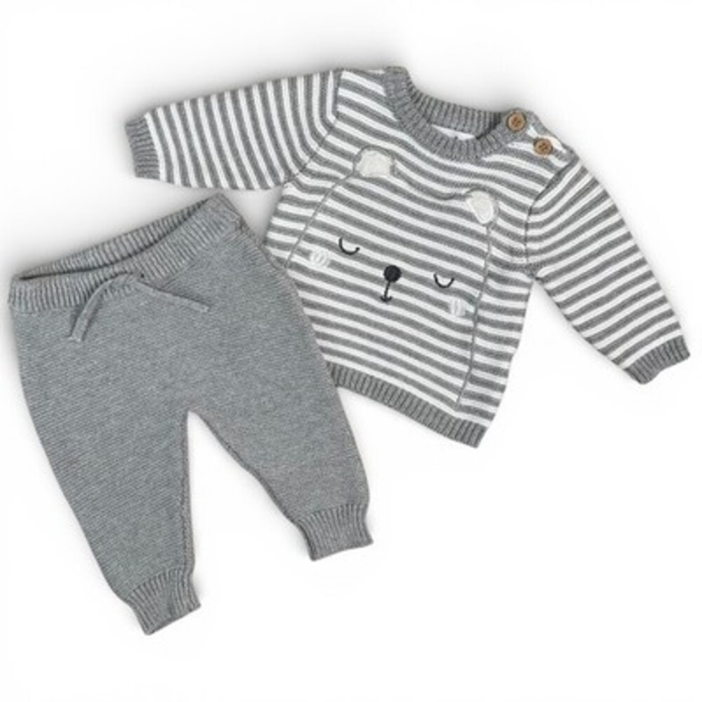 Rene Rofe Baby 2 Piece Knit Sweater and Jogger Set Grey White Bear 0-3 Months